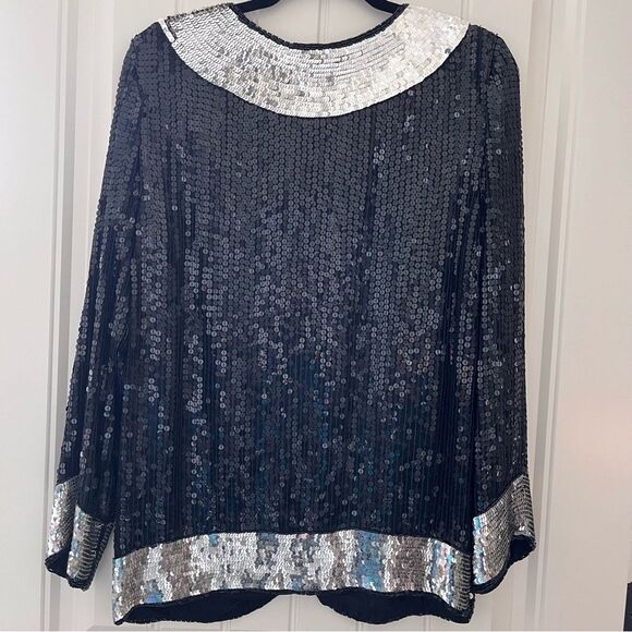 JLB Full Sequin Cardigan Silk Lined Black Silver Size Medium Evening vintage - Picture 4 of 5